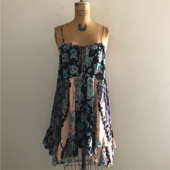 Free People] Purple Blue flower prints Cut edge Slip Dress - Picture 2 of 10
